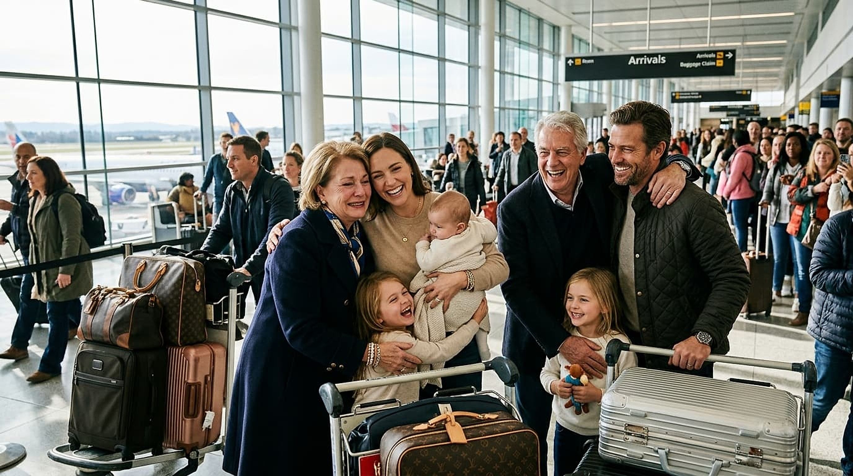 family embracing at arrivals